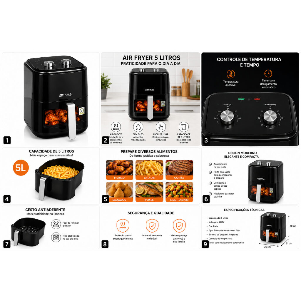 Air Fryer 5 Litros 220V Preta, foto 9