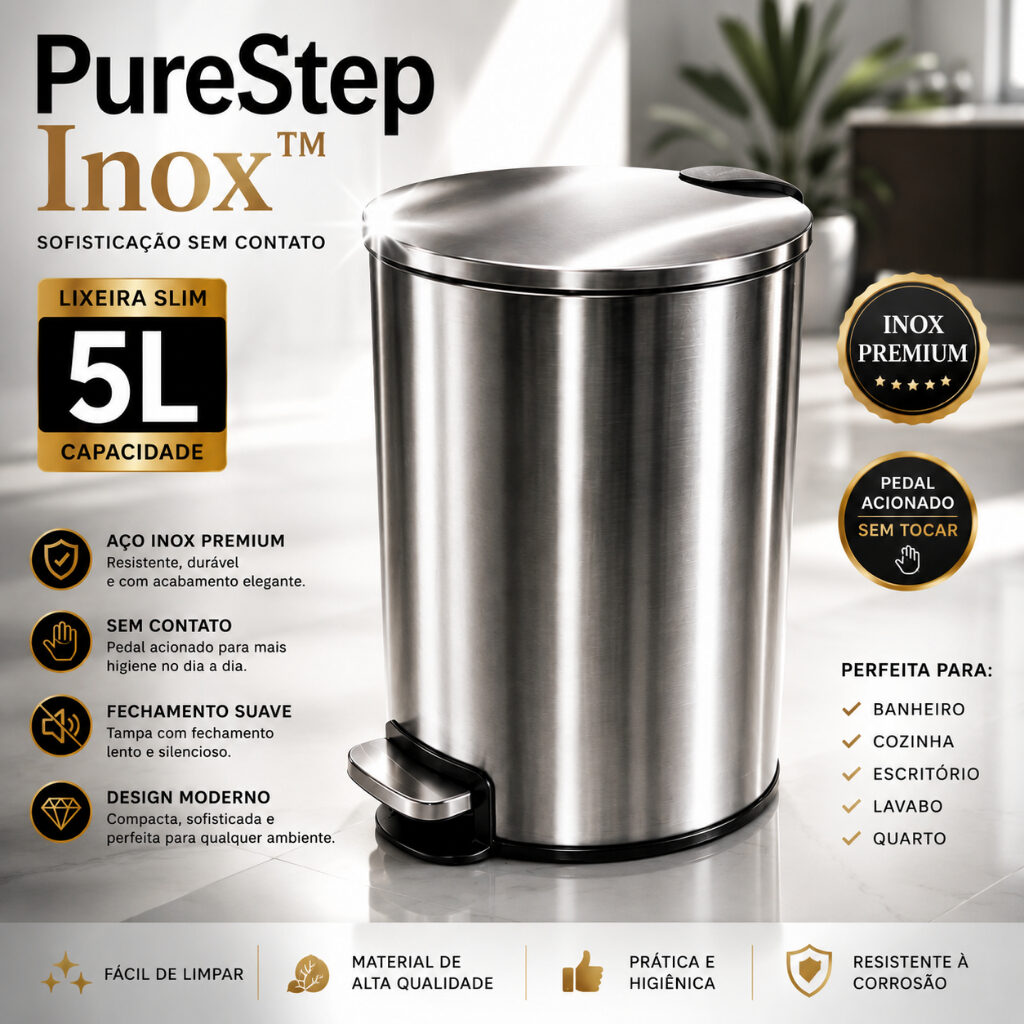 Lixeira Inox 5L PureStep Slim com Pedal e Fechamento Suave, foto 2