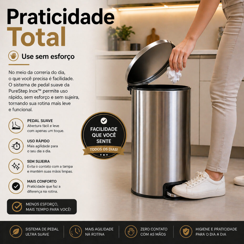 Lixeira Inox 5L PureStep Slim com Pedal e Fechamento Suave, foto 4