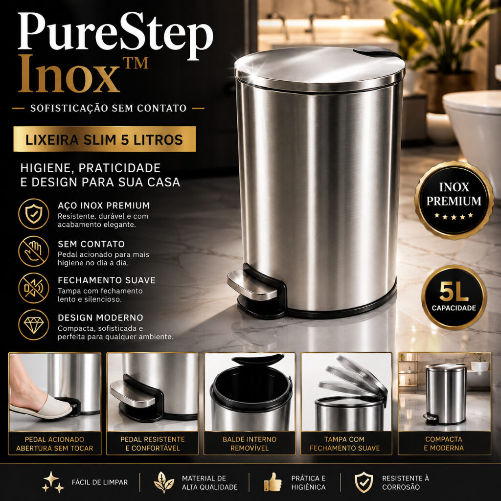 Lixeira Inox 5L PureStep Slim com Pedal e Fechamento Suave, foto 5