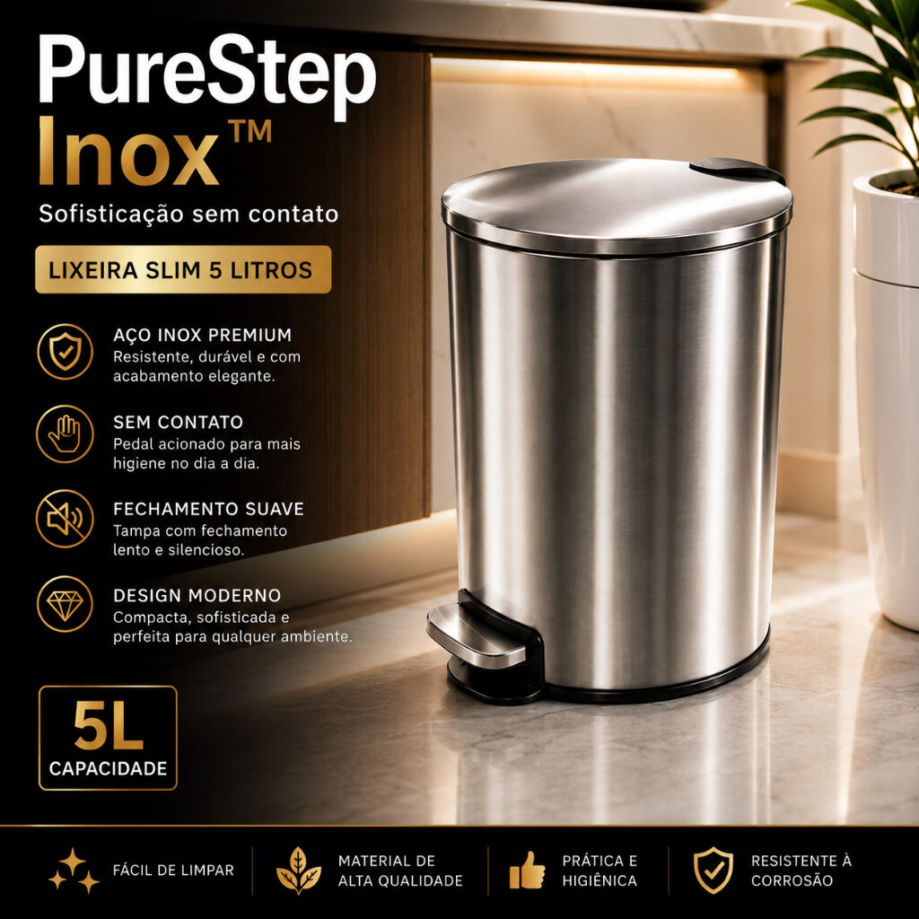 Lixeira Inox 5L PureStep Slim com Pedal e Fechamento Suave, foto 7